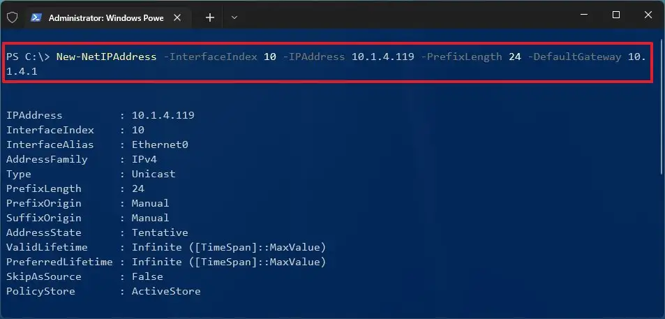 Assign a static IP address on Windows 11 using PowerShell